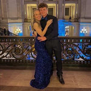 Sequined Blue one shoulder prom dress